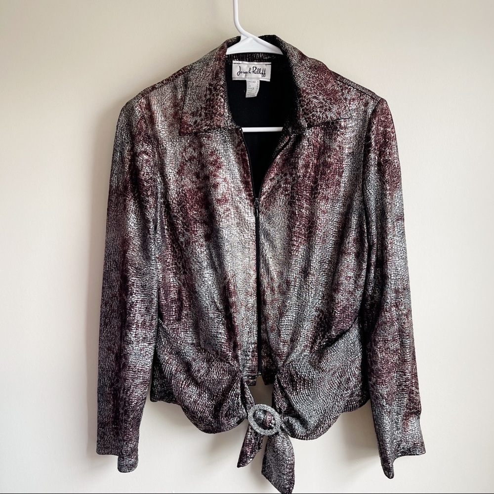 Joseph Ribkoff Silver Metallic Zipper Belted Lightweight Jacket
